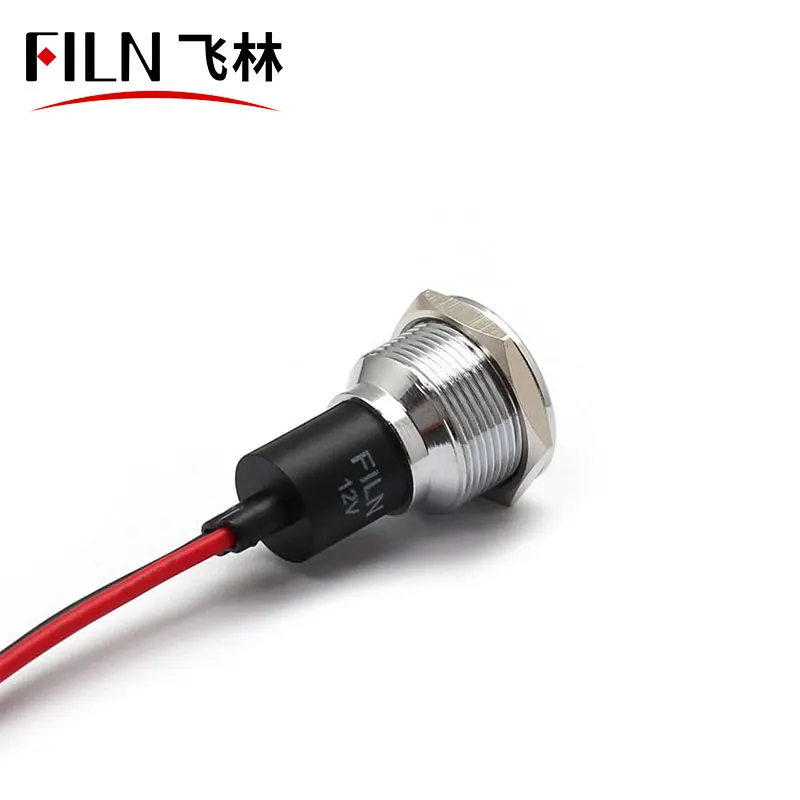 FILN 19mm miniature led indicator lamps, wire leading antivandal waterproof indicator IP67 flat head red green 12V with symbols