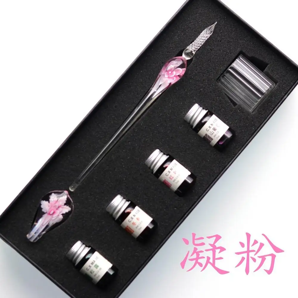 Wholesale Vintage calligraphy writing gift pen set colorful glass dip pen set with ink