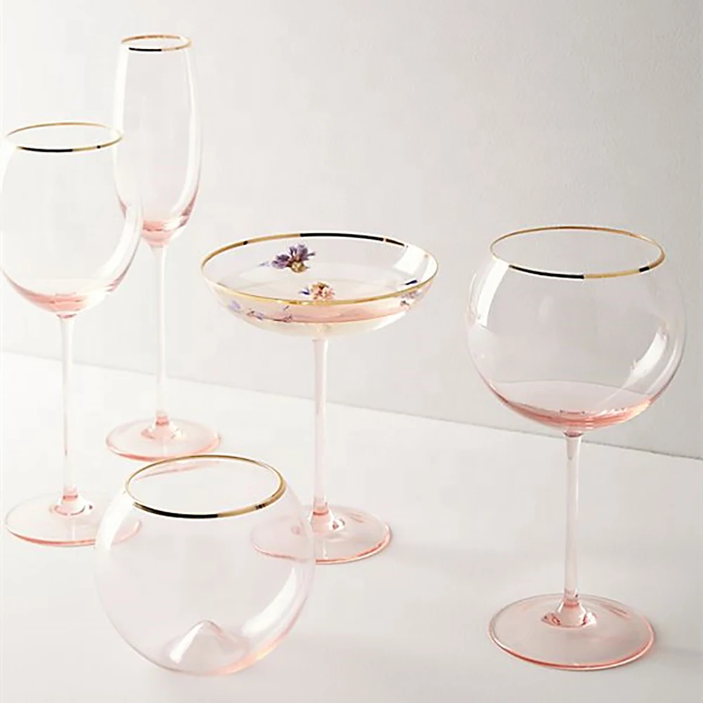 High Quality Nordic Style Ins Gold Hand Blown Luxury Unique Colour Crystal Home Wine Cocktail Big Belly Dessert Red Wine Glass