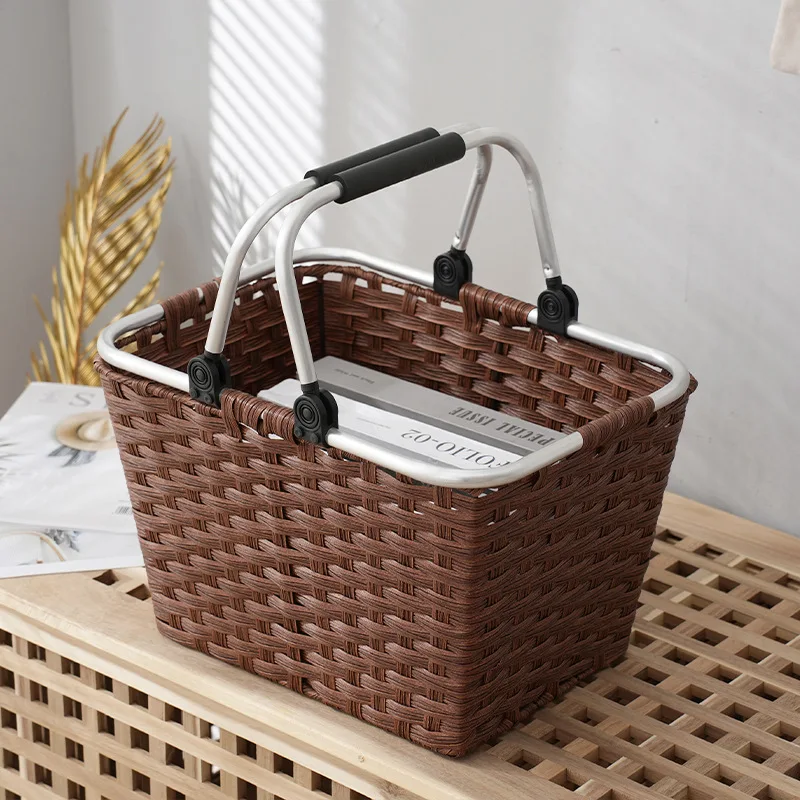 Wholesale Plastic wicker woven picnic Shopping Baskets with Folding Aluminum Handles