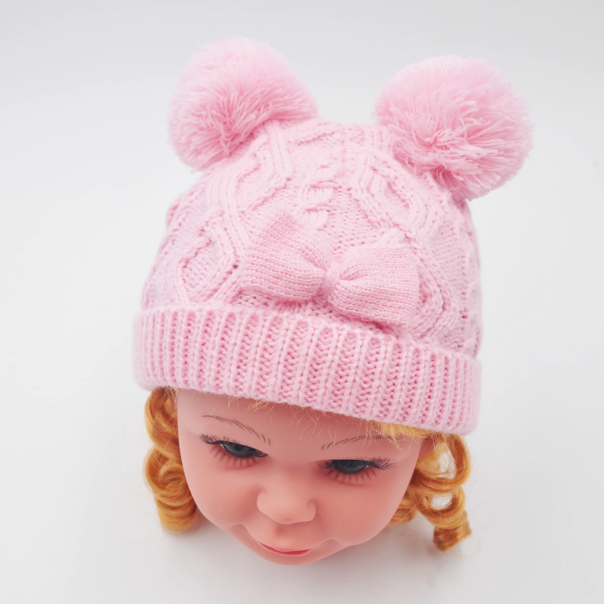 Funny Baby Knit Cute Cap With Pompoms Polar Fleece Lining Children Beanie Girl Baby Winter Hat