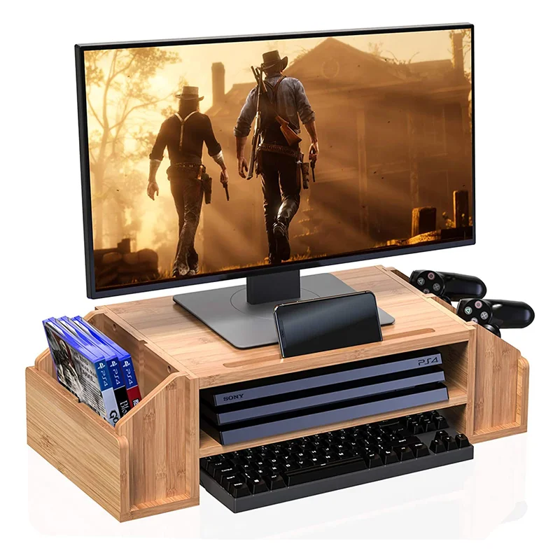 Bamboo Double layer Storage Desk Organizer for Laptop Monitor computer with storage bins