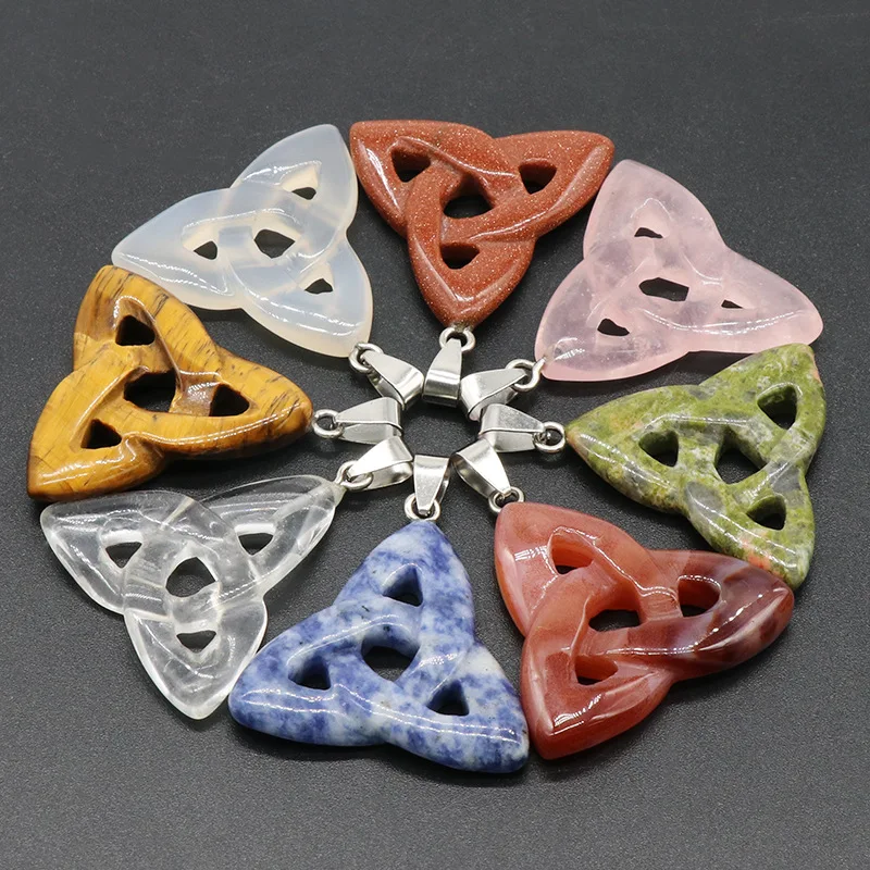 Fashion Healing Crystals Gemstone Jewelry Natural Irish Celtic Knot Triangle Shape Created Opal Stone Pendant Charms Necklace
