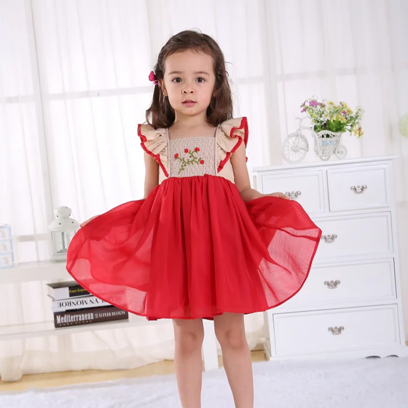 2023 New fashion design lace baby girl wedding dress for 1 to 5 year kids red embroidered lace dress for kids