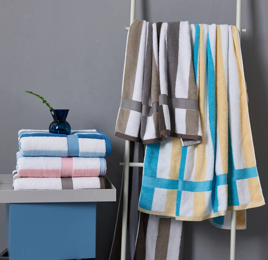 Custom logo stock premium 100% cotton terry absorbent oversized beach towel luxury bath towel Stripe Color