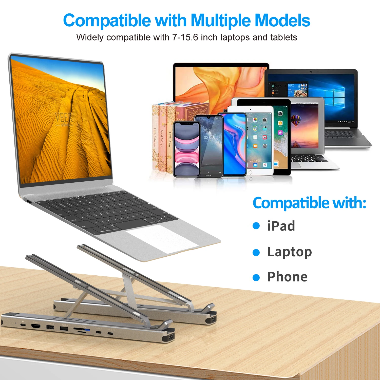 USB A 3.0 USB A 2.0  A RJ45 VGA SD TF Card Reader Type C  HDM I Port USB Multiple ports Hub Laptop Stand