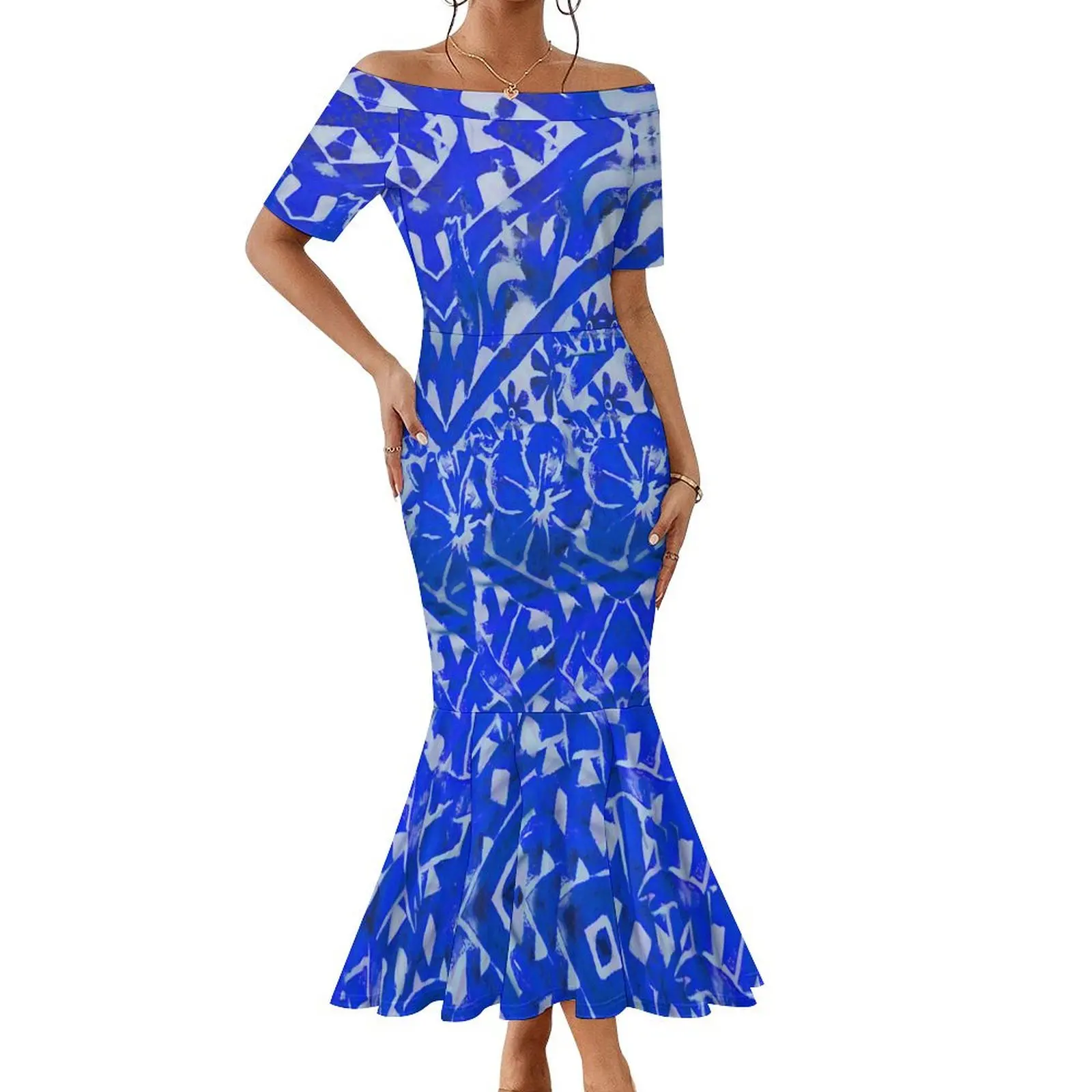 1MOQ Off-Shoulder Fishtail Dress Skirt Hawaiian Lehua Print On Demand Elegant Dresses Women Maxi Dress Summer Custom Clothes