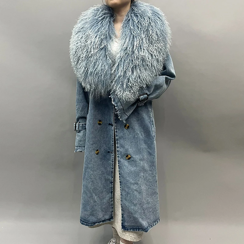 Fashion Long Trench Coat Women Denim Trench Coat with Detachable Mongolian Fur Collar