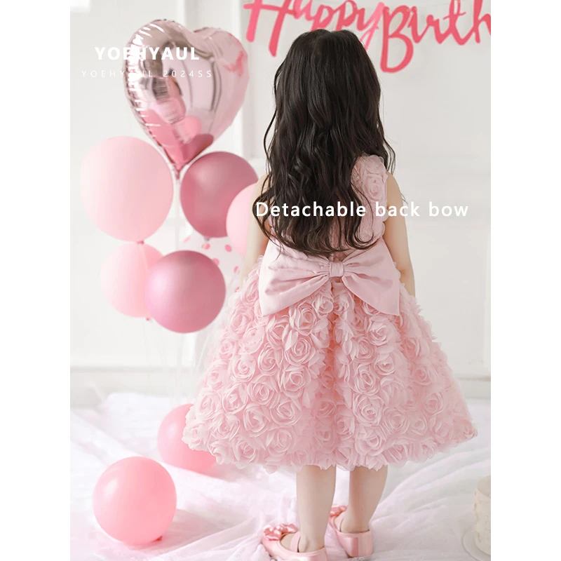 YOEHYAUL X4643 Cotton Lining Kid Flower Girls Dresses Ball Gown Pink 3D Flower Child 1 Year Birthday Princess Dress for Toddler