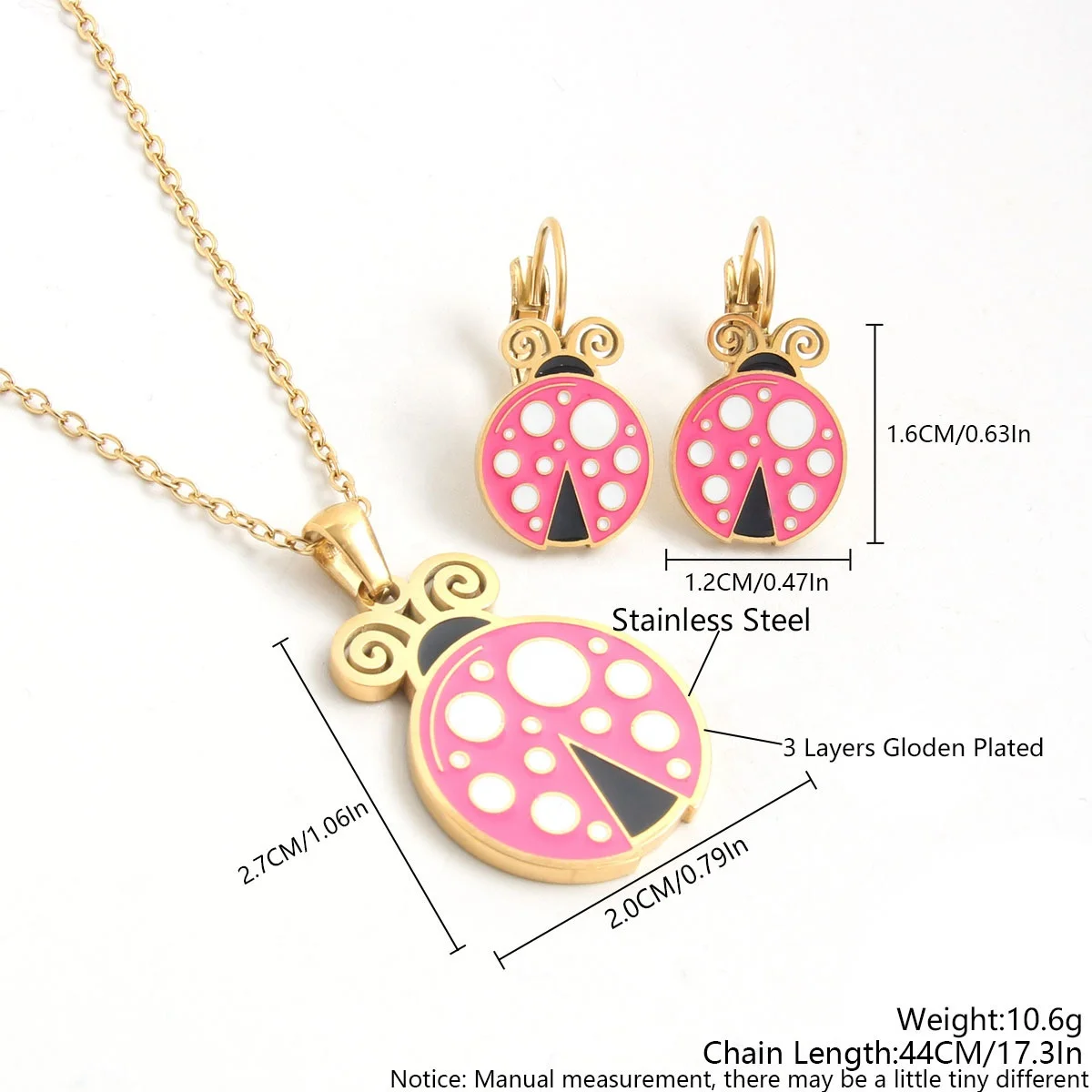 Children kids little young girls jewelry set 18k gold plated animal unicorn insect dragonfly ladybug necklace earrings set