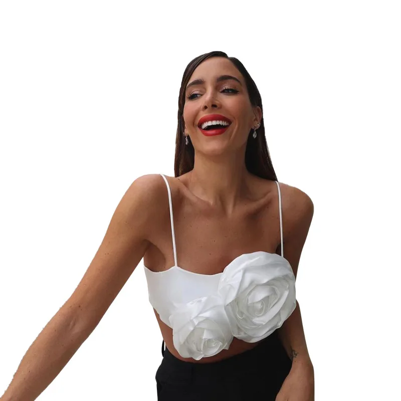 W5493 Sexy Satin Patchwork Rose Flower Camis Tank Top Women Square Collar Sleeveless Slim Crop Tops Summer Fashion White Corset