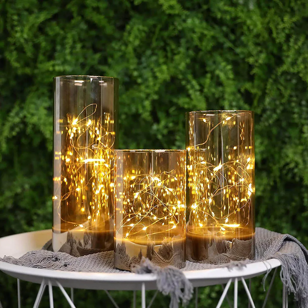 Set of 3  High Glass LED Candle Lights with fairy string Lights Battery Powered Remote Control for wedding,christmas decoration