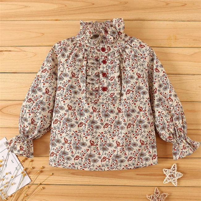 
SE1582 Spring kids long sleeve dresses apricot floral dress for little girl outwear t-shirt 