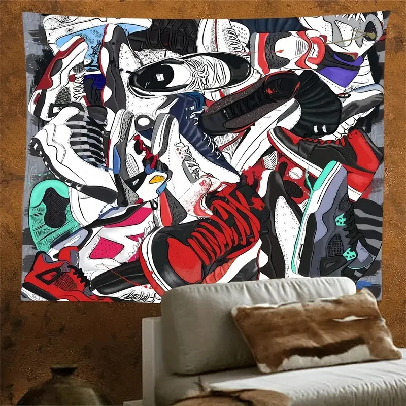 Basketball Shoes Print Tapestry, Peach Skin Velvet Wall Hanging Tapestry, Room Decor Aesthetic for Living Room Bedroom Dorm Room