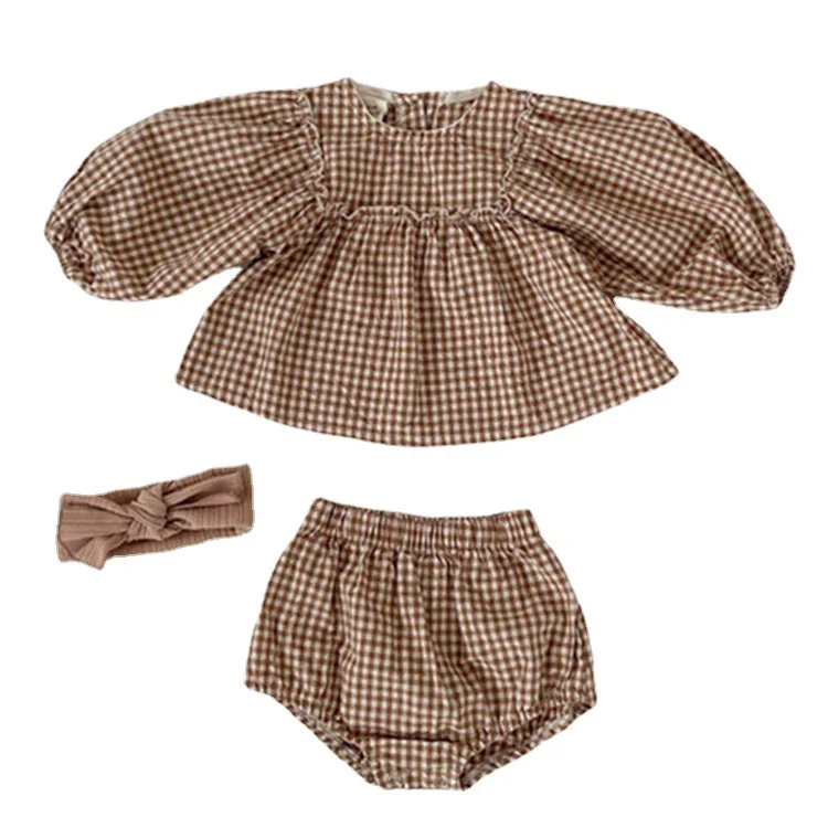 Plaid Boutique Infant Clothes Set Baby Girl Puff Sleeve Dress Shirt Outfits Bubble Shorts Bloomer Baby Clothes Set