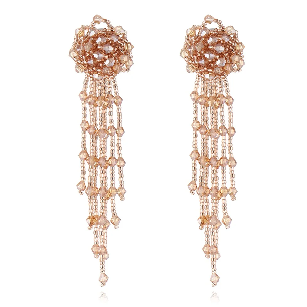 Wholesale Bohemian Solid Color Crystal Beads Miyuki Earring Sparkle Wedding Long Tassel Earrings For Women Jewelry