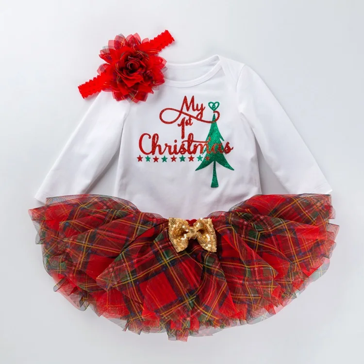 Hot selling newborn 3 pcs romper set with flower headband pretty plaid tulle skirt baby christmas birthday party clothing sets