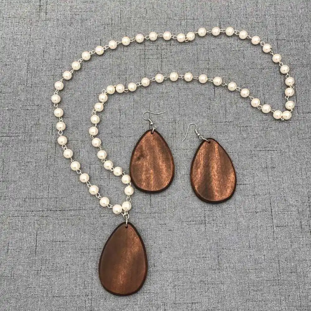 CHEAP ARTIFICIAL PEARL CHAIN WOOD TEARDROP PENDANT NECKLACE SET