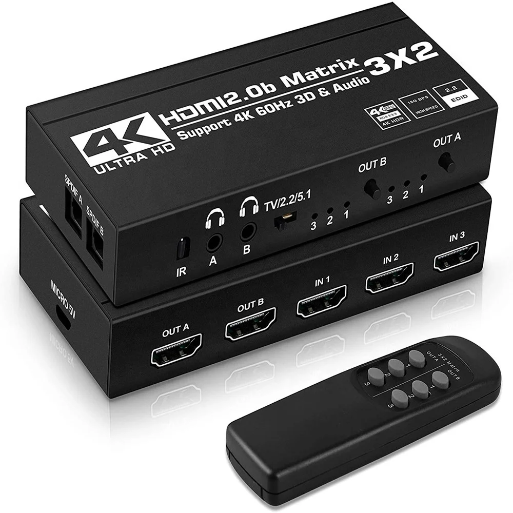 OZJ5 4K@60Hz 3x2 HDMI Matrix Switcher Audio Extractor 3 in 2 Out HDMI2.0b Matrix Video Switcher Splitter Support  HDCP2.2