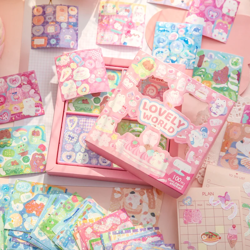 Mr. paper 100 Pcs / Box Stickers Box Lovely World Series Animal Sticker Kawaii Decoration Stickers Pack For Diary Scrap Book