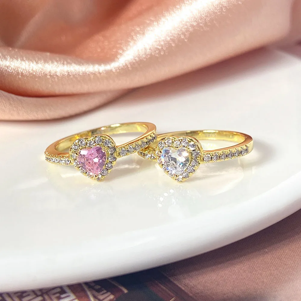 FOXI 925 Sterling Silver Ring  Zircon Waterproof Wedding Pink Heart cubic zirconia Silver Engagement Ring for women
