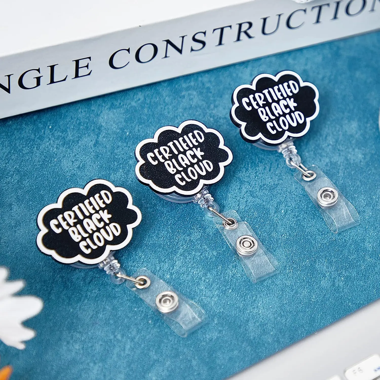 New RTS Bling BLACK CLOUD Badge Reel Retractable Heavy Duty with 360 Swivel Carabiner Clip Cute Bling Teacher and professor Bad