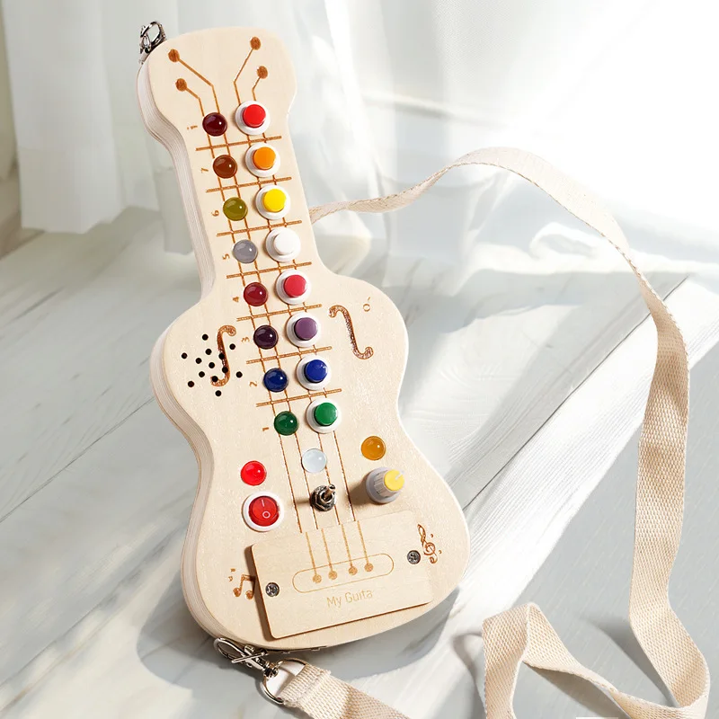 New Montessori Educational Wooden Sound and Light Guitar Toys LED Light Switch Busy Board Educational Toy for Kids