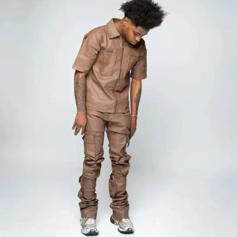 Custom Screen Print Embroidered Men Zip Up Leather Short Sleeve Shirt And Pu Stacked Flare Pants Set Tracksuit For Men