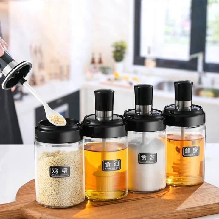 8 OZ Transparent glass seasoning jar with integrated spoon and lid for household use