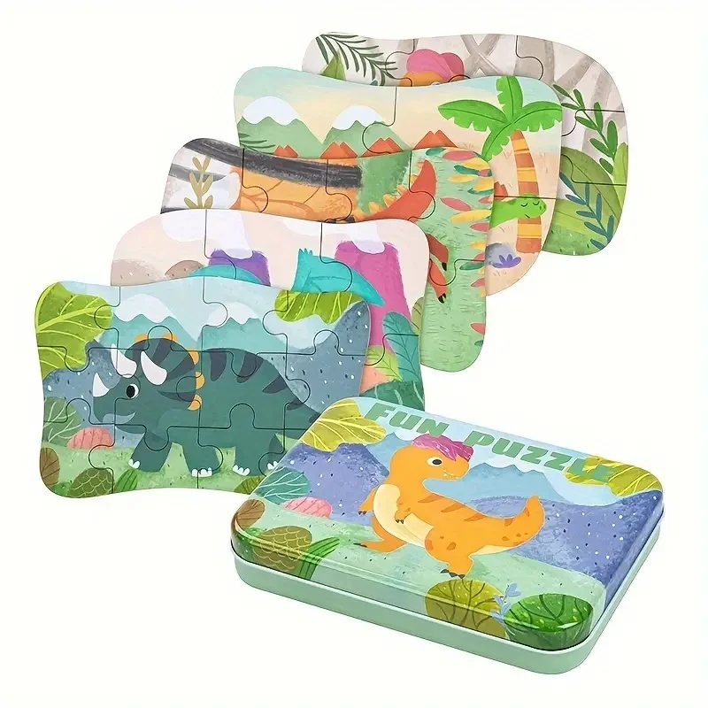 5-in-1 Dinosaur Jigsaw Puzzles With Iron Storage Box For Boys Girls Children Christmas Holiday Gifts