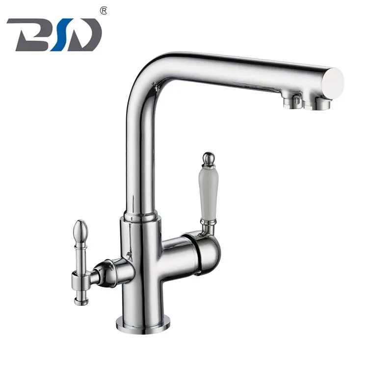 High Quality Brass Long Neck 3 Way Brushed Nickel Tri-flow Kitchen Faucet