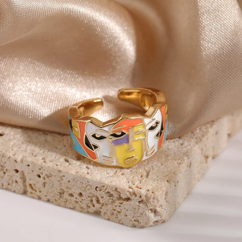 Y2K смешное 18K золотое открытое регулируемое кольцо в форме капли с маслом ювелирные изделия стиле хип-хоп для женщин и мужчин эмалевое человеческим лицом
