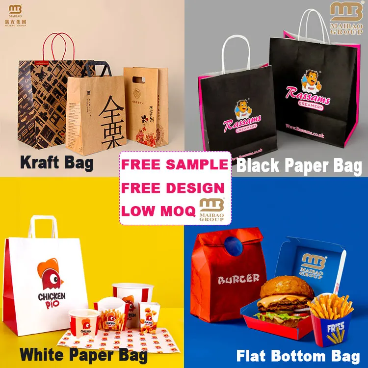 Takeout Die Cut Handle Kraft Paper Tote Bags Grocery Shopping D Cut Paper Bag For Restaurant Bakery, Food Takeaway Paper Bag