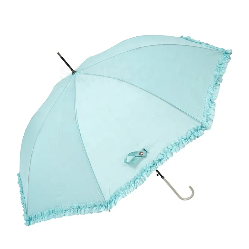 Light Blue Plain Color Ladies Frills Ruffle Fashion Lace Straight Umbrella with J Hook Handle
