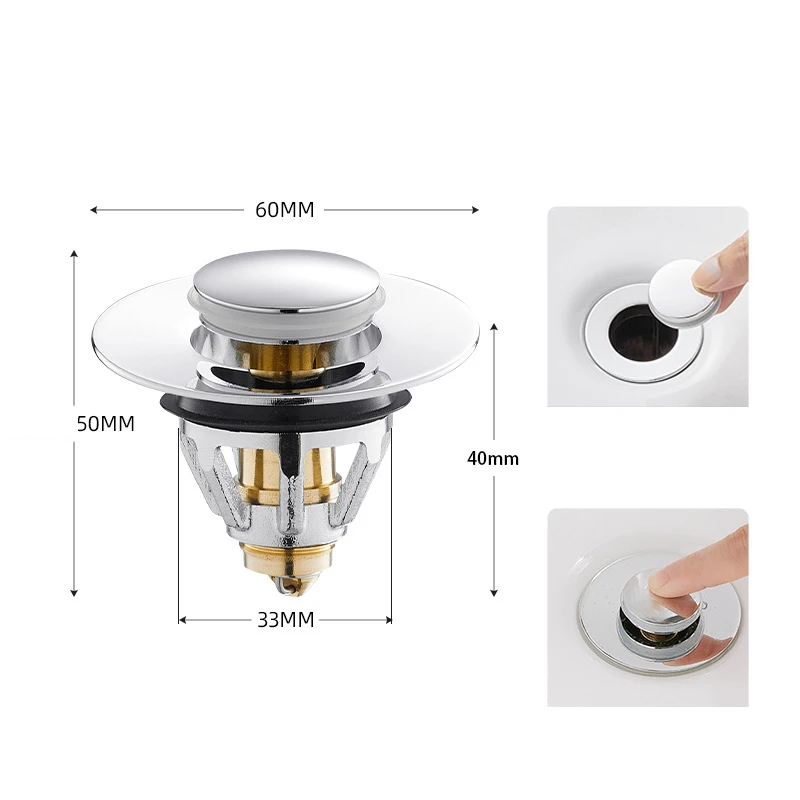 Washbasin face pool water plug wash basin drainer tube fittings spring core press type stainless steel flip cover