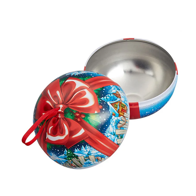Free Samples Custom Printed Metal Iron Tinplate Ball Christmas Gift Candy Money Tin Box Ball Tin With Ribbon