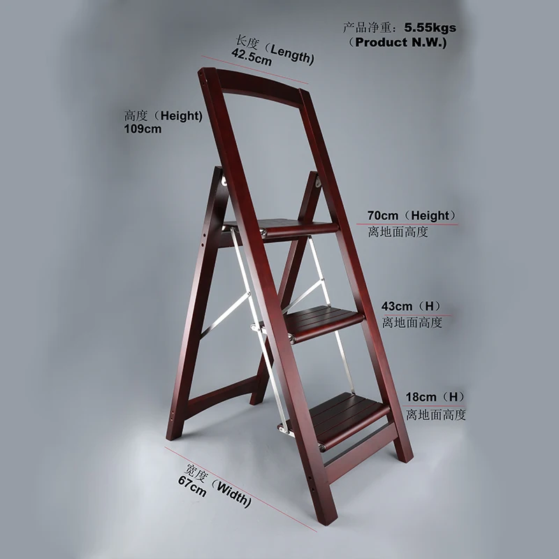 Factory Anti-skid Folding Foot Wood Lightweight 3 Step Ladders Household floor Step Stool Ladder