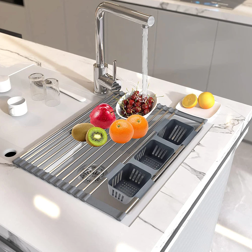 new arrival stainless steel over the sink adjustable expandable roll up dish drying rack