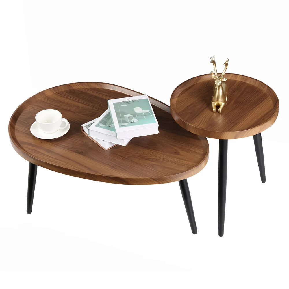Wholesale Modern Furniture Drop-shaped Wood Nesting Coffee Tables Sofa Side Table Sets of 2 with Metal Frame