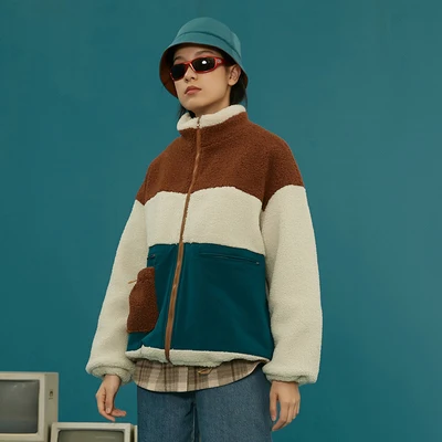 Patchwork colorblock printed zipper custom varsity vintage sherpa fleece bomber jacket