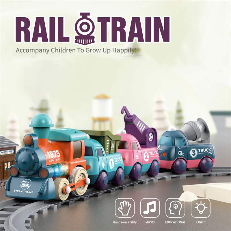 Battery Operated Railway Train Toys Car with Sound&Light Electric Train Tracks Locomotive Cars Educational Toys for Children