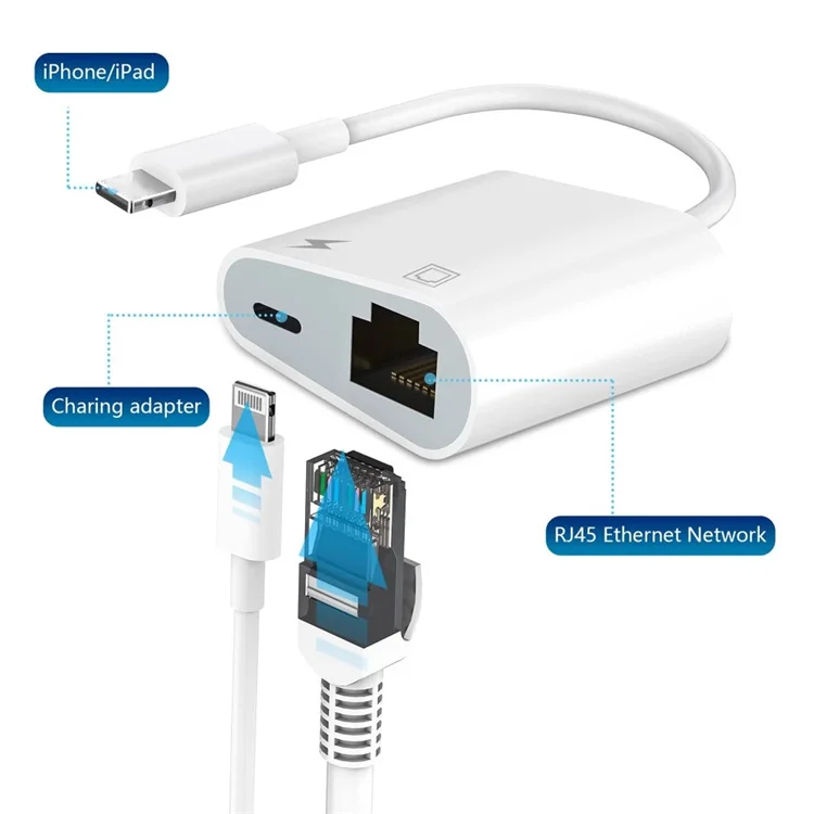 Lighting to RJ45 Adapter 2 in 1 Ethernet LAN Network Adapter with Charge Port for iPhone/iPad/iPod Plug and Play