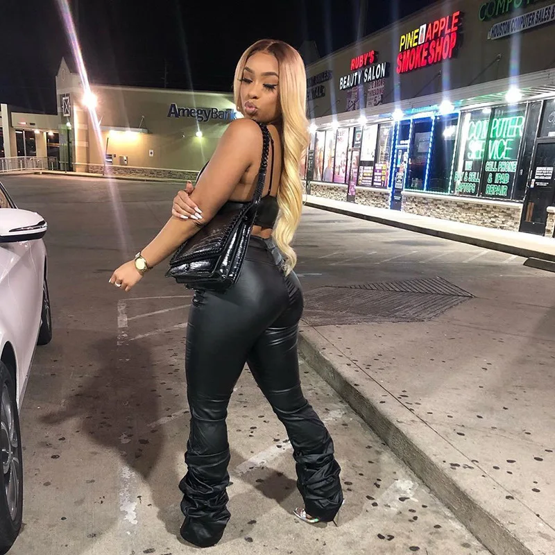 Ready to Ship Wholesale Fashion Women Black Faux PU Leather Stacked Pants