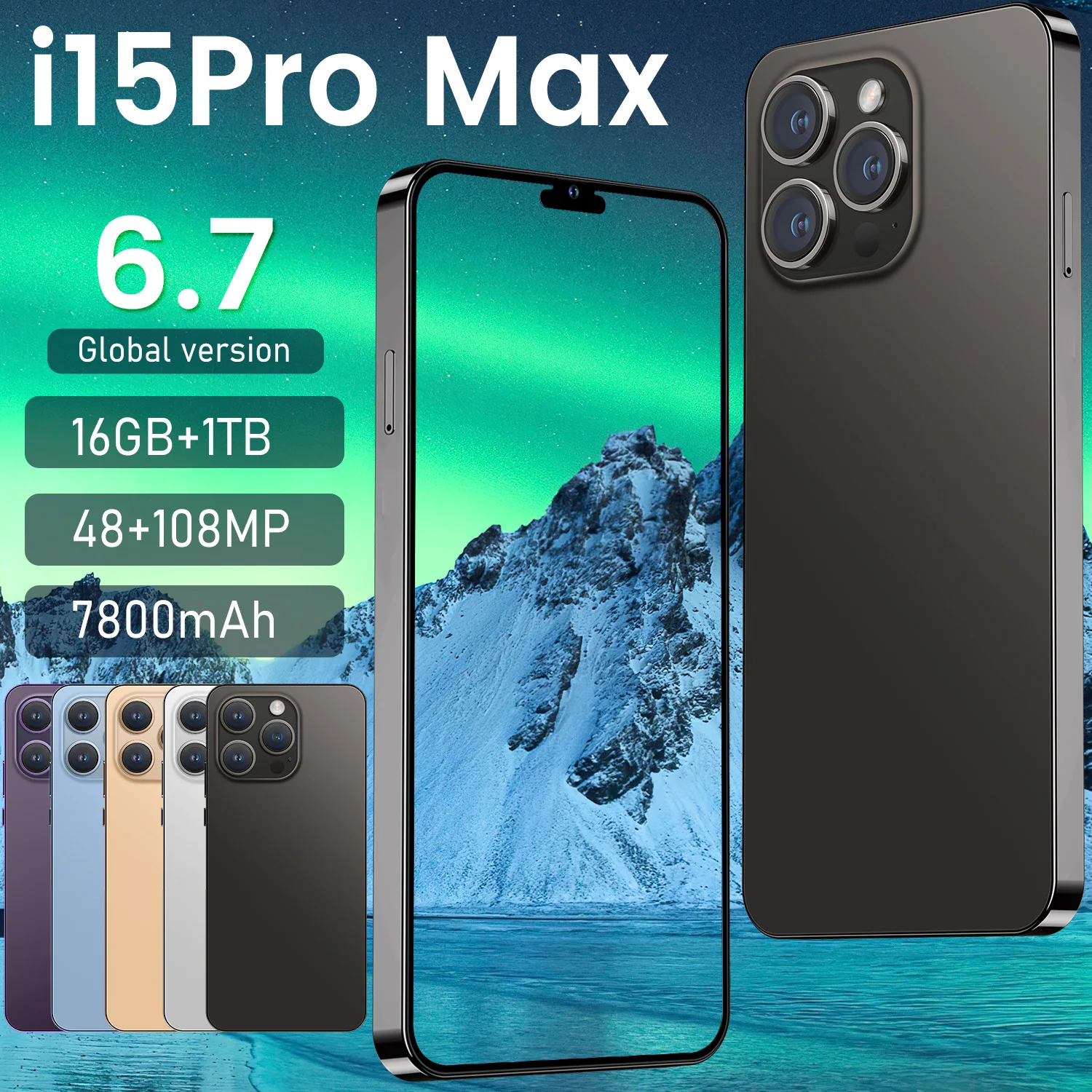 15 Pro Max 6.7inch Android 16gb+1TB Deca Core CPU Unlocked Smartphone 108MP Rear Camera Spanish German Mobile Cell Phone I15