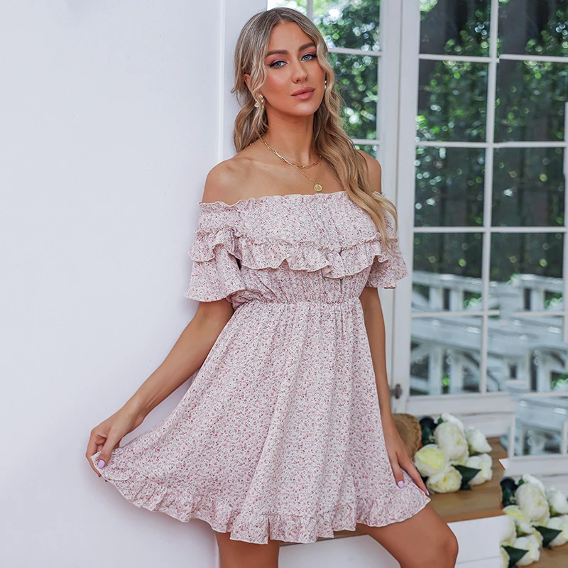 2021 Wholesale Factory Price Fashion Women Summer Short sleeve off shoulder Chiffon Multicolor Floral print Casual Dress