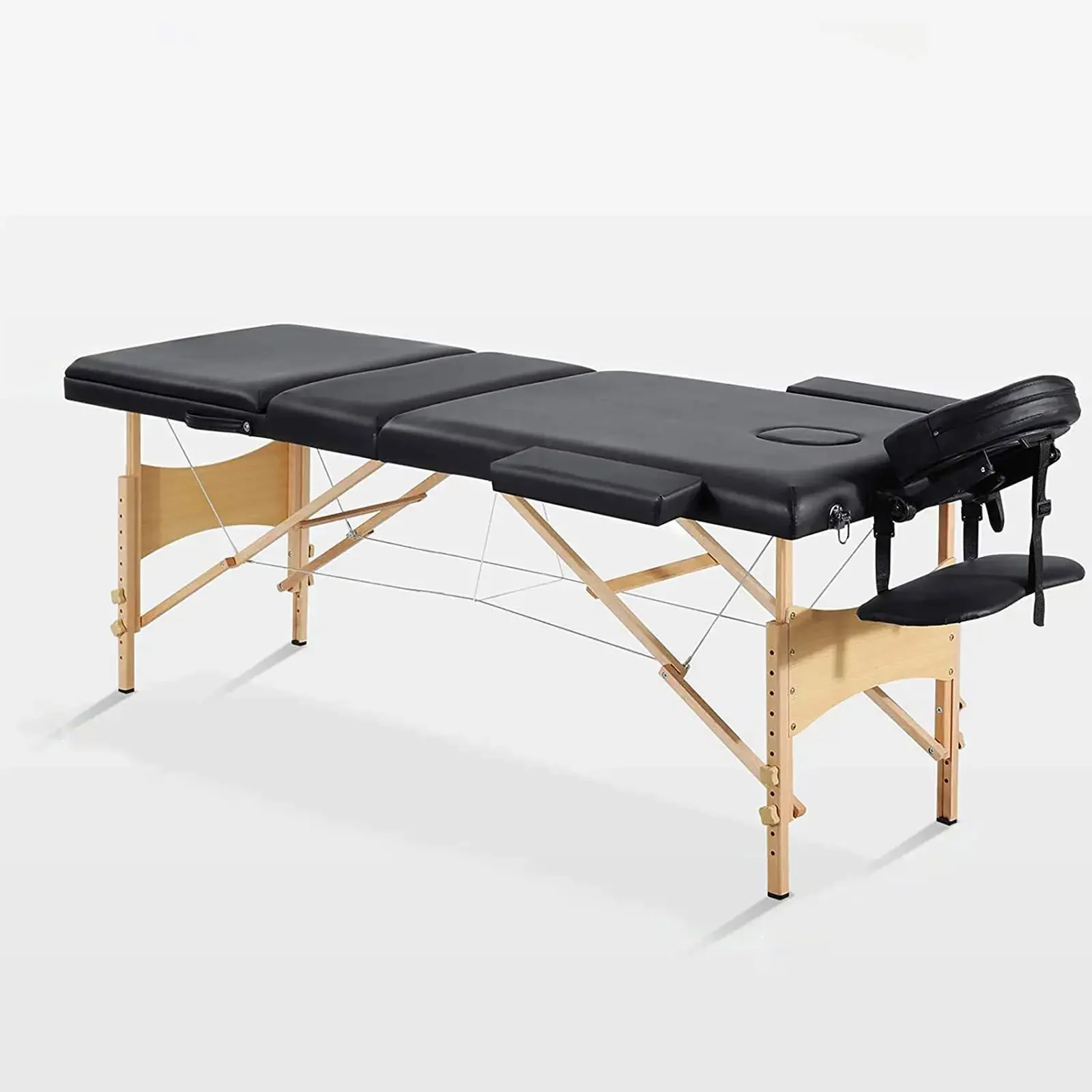 High Quality Portable Lightweight Black 3-Fold Spa Moxibustion Bed Massage Table Full Body Beauty Style-Modern Solid Wooden PU