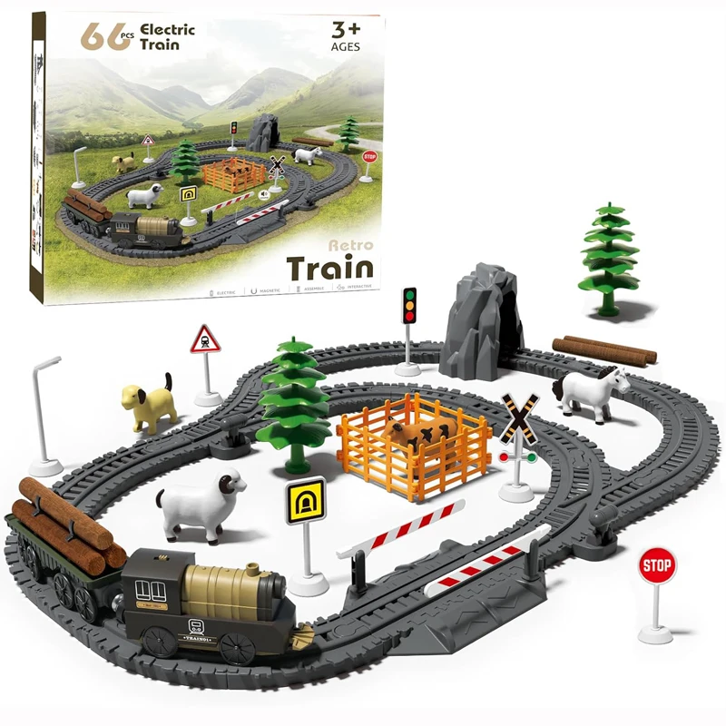 66 Pcs Battery Operated Train Set Magnetic Connection Tracks Train Railway Toy with Track Set