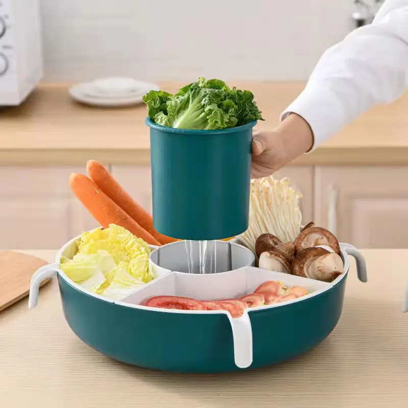 Rotating hot pot vegetable platter household double compartmentalized washing basin drain basket food and fruit platter
