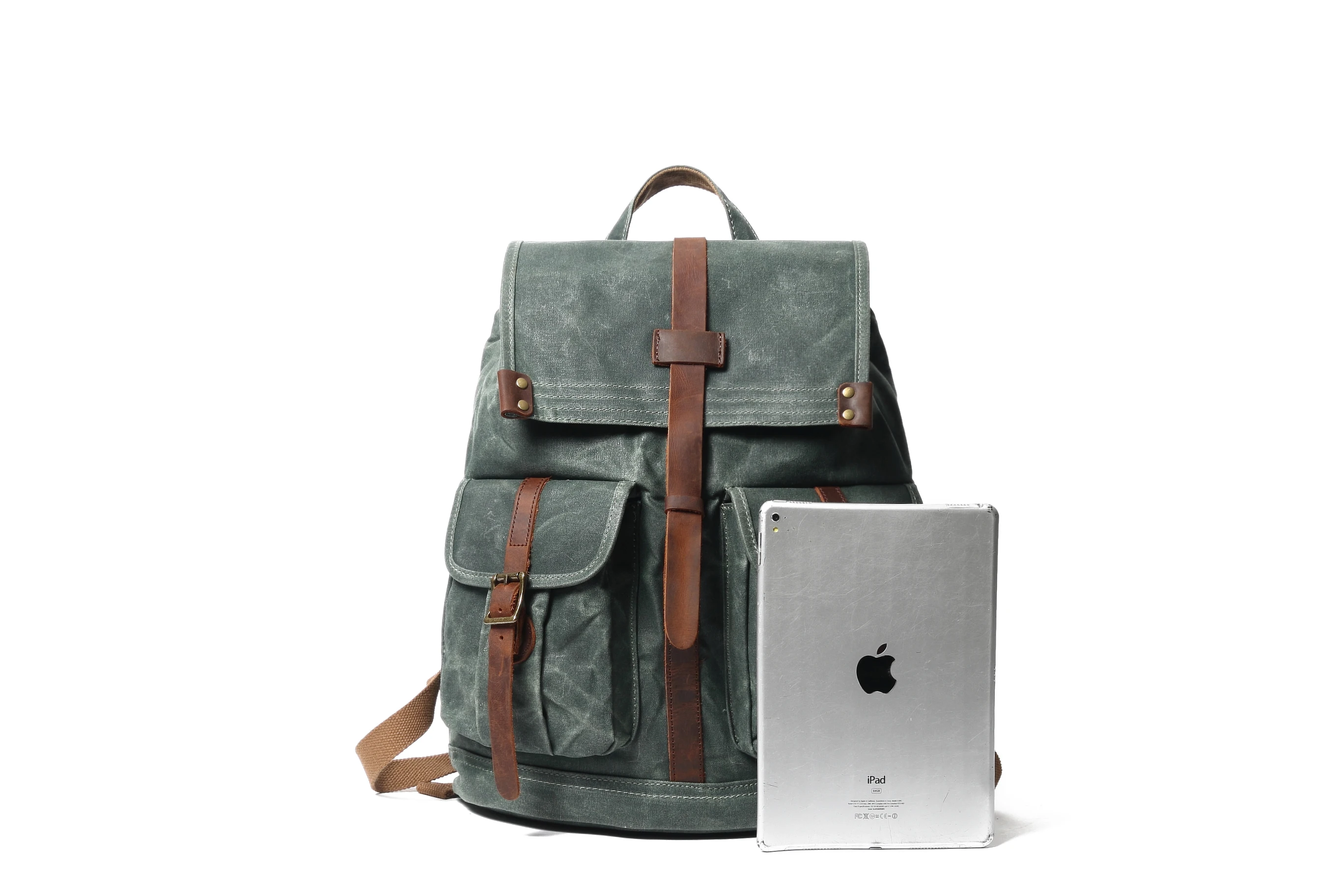 
Heavy waxed canvas crazy horse leather bagpack waterproof laptop drawstring backpack 