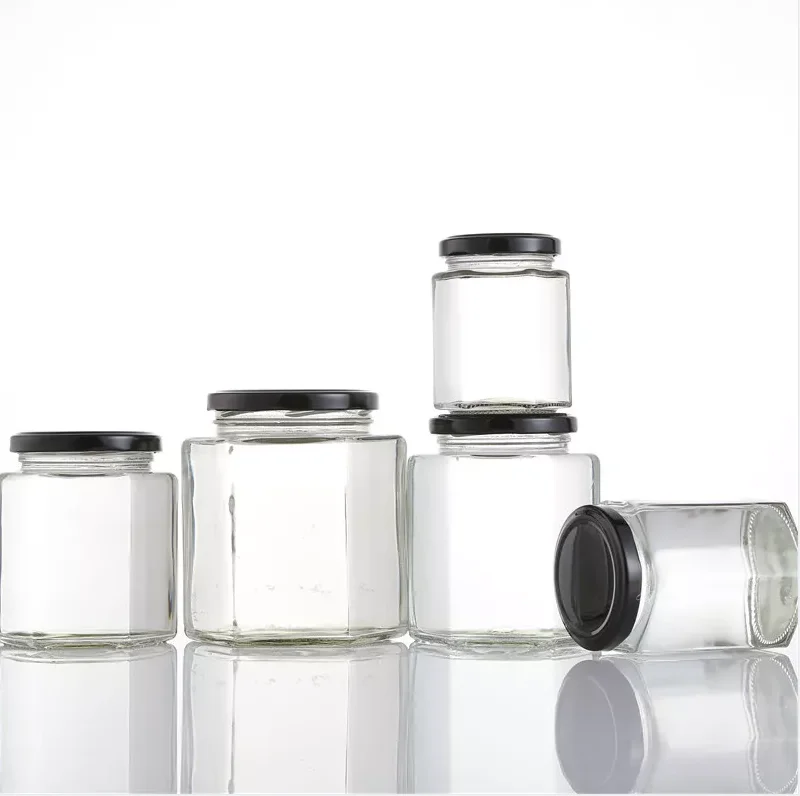 High Grade Hexagon Glass Honey Jars Jam Sauce Pickle Storage Bottle with Metal Lids